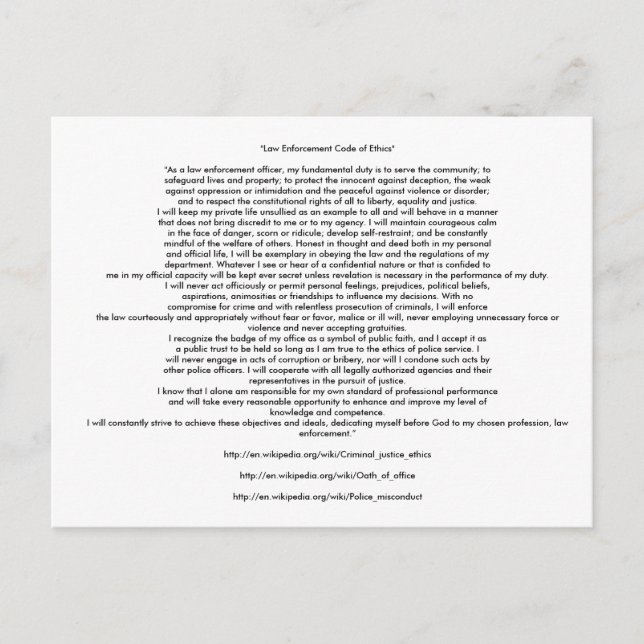 ETIKKOD FÖR tillsatta lagar Vykort (Framsida)