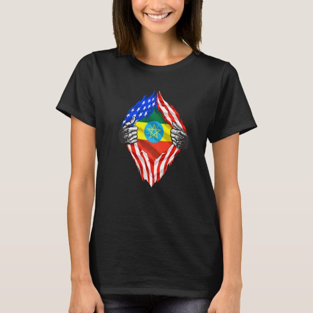 Etiopien Roots USA flagga Patriotic Ethiopian Heri T Shirt (Framsida)