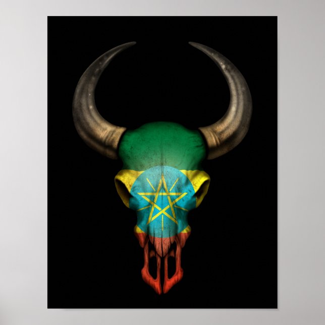 etiopisk Flagga Bull Skull på svart Poster (Framsidan)