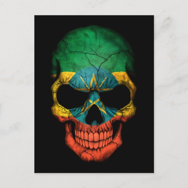 Etiopiskt Flagga Skull på svart Vykort (Framsida)