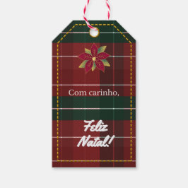 Etiqueta de Natal Xadrez Vermelho e Verde Poinsett Presentetikett