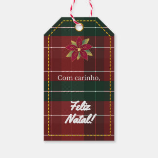 Etiqueta de Natal Xadrez Vermelho e Verde Poinsett Presentetikett