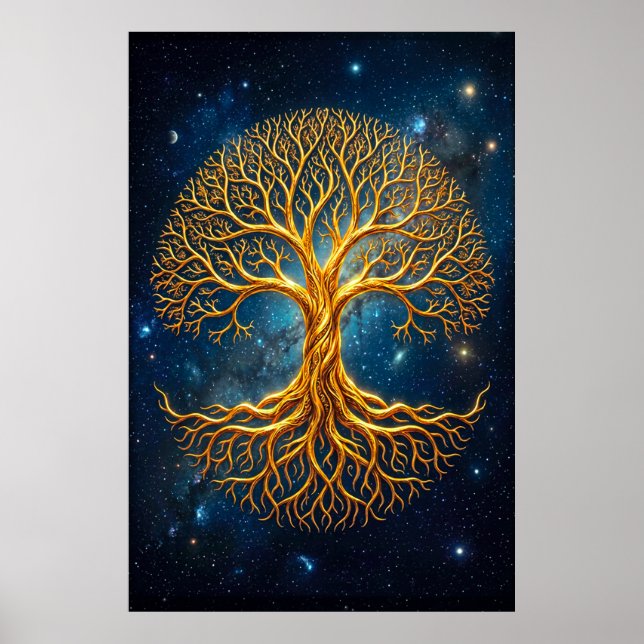 Etirisk Blå Kosmisk Livets Träd Glödande Mystik Poster (Framsidan)