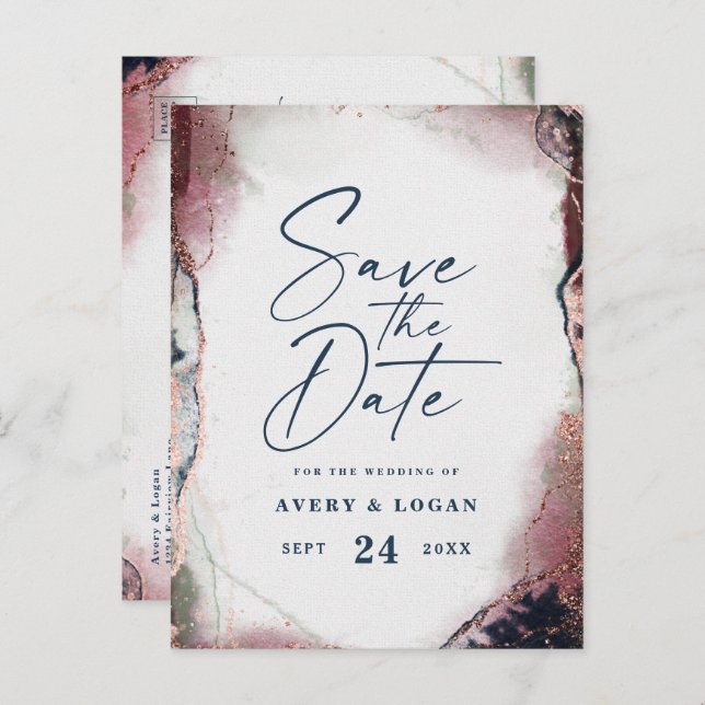 Etirisk Burgundy & Marinblå Bröllop - Spara Datum Meddelande Vykort (Fram/baksida)