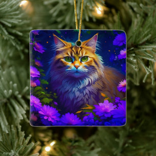 Etirisk katt i lila blommor jul julgransprydnad keramik