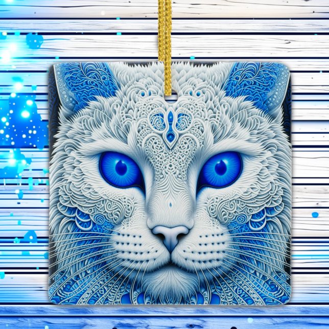 Etirisk vit katt med blå ögon jul julgransprydnad keramik (Skapare uppladdad)