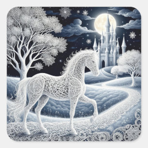 Etisk häst och förtrollad borg fyrkantigt klistermärke