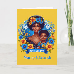 Etisk mamma och son Blå/Gul Glad mors dag Kort