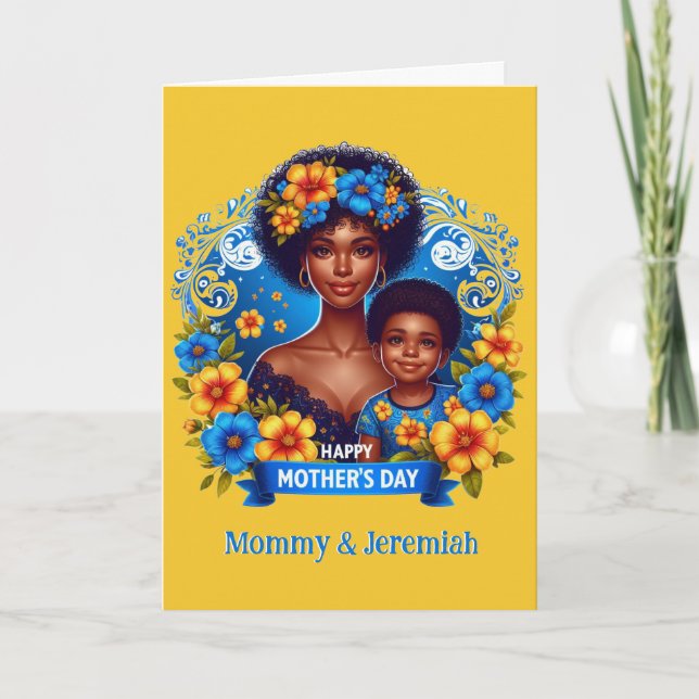 Etisk mamma och son Blå/Gul Glad mors dag Kort (Framsida)