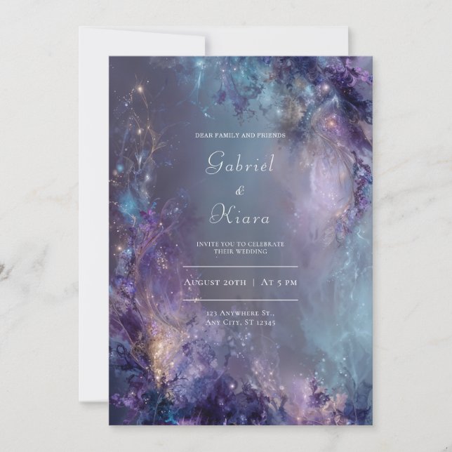 Etisk Nebulosa Violett Blå Guld Fantasi Bröllop Inbjudningar (Framsida)