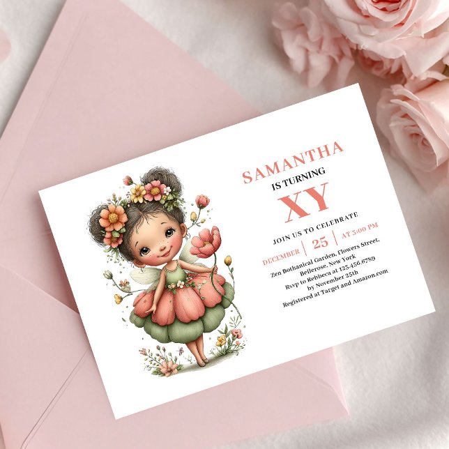 Etisk sagolik flicka födelsedagsinbjudan rosa blom inbjudningar (Ethereal Fairy Girl Birthday Pink Floral invitation)