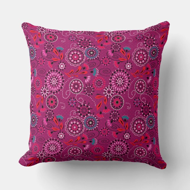 Etniker abstrakt blommönster retro crimson kudde (Framsida)