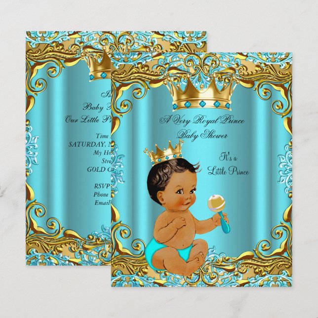 Etnisk Baby Shower Prins Guld Teal Aqua Inbjudningar (Fram/baksida)