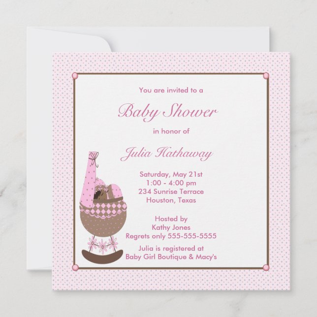 Etnisk babyflicka vagga rosa baby shower inbjudan (Framsida)