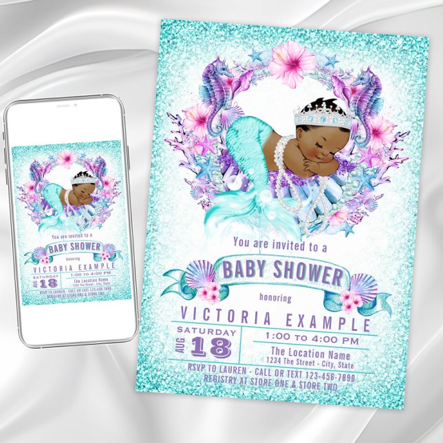 Etnisk Bebis Havfrue Baby Shower Inbjudan (Adorable mermaid baby shower invitation. Instant download and printed invitations available.)