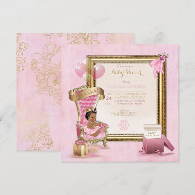 Etnisk Bebis Prinsessa Krona Guld Rosa Kunglig Inbjudningar (Fram/baksida)