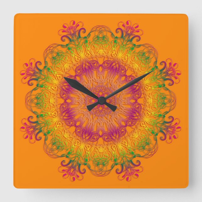 Etnisk blom- mandala på orange bakgrund fyrkantig klocka (Framsida)