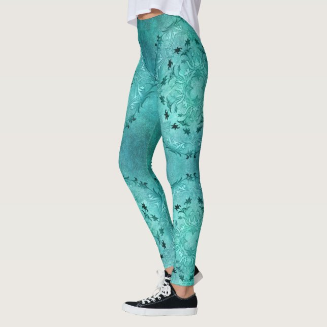 Etnisk blom- turkosgrungemandala leggings (Vänster)