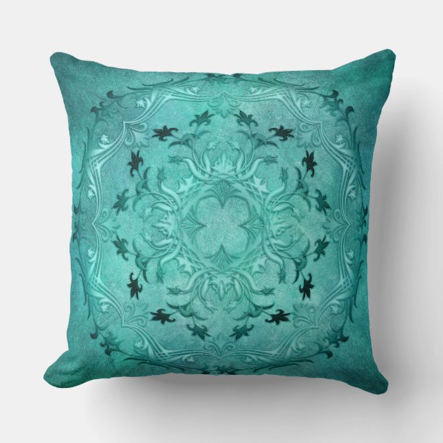 Etnisk blommande turkos grunge mandala kudde (Framsida)