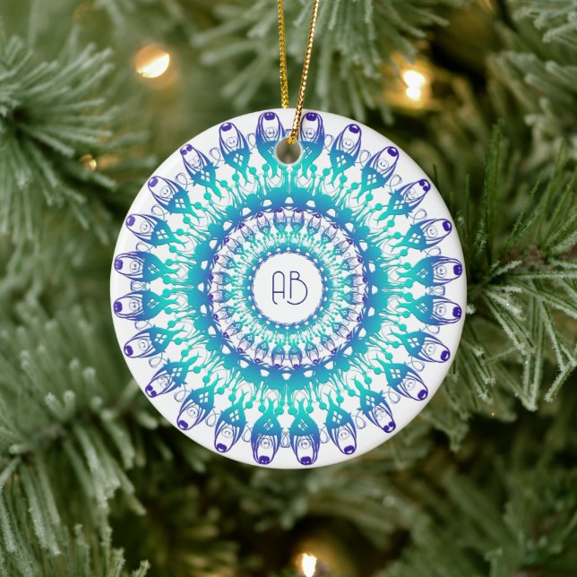 Etnisk blommigt mandala.monogram julgransprydnad keramik (Träd)