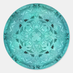 Etnisk blommigt turkos grunge mandala runt klistermärke