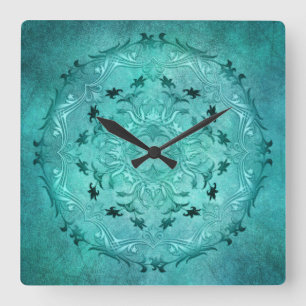 Etnisk blommigt turquise grunge mandala fyrkantig klocka