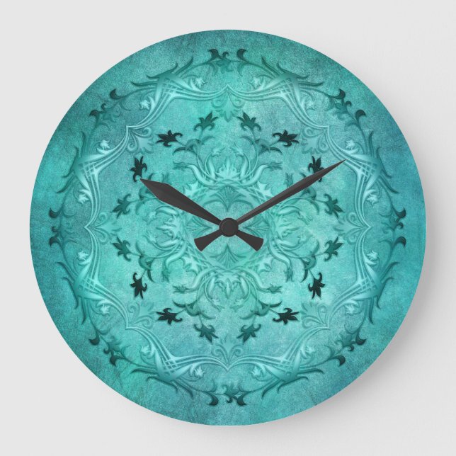 Etnisk blommigt turquise grunge mandala stor klocka (Framsida)