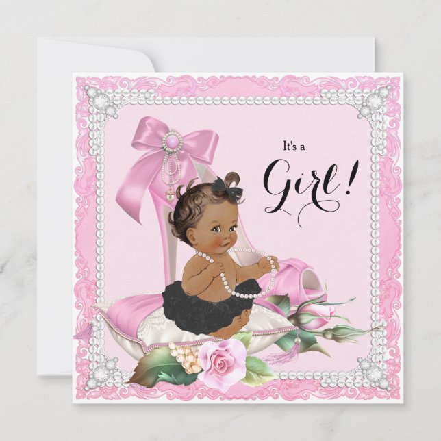 Etnisk flicka pärl högklackad sko baby shower inbjudningar (Framsida)