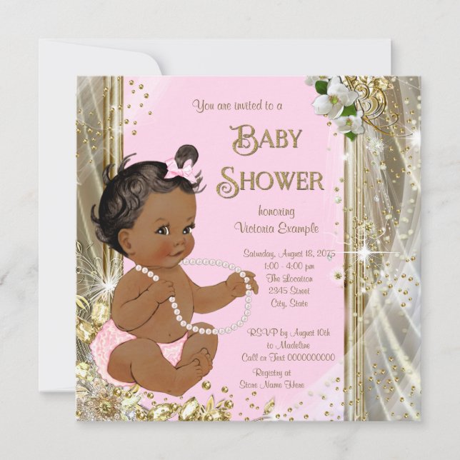 Etnisk flicka Rosa Guld Pärlor Baby Shower Inbjudningar (Framsida)