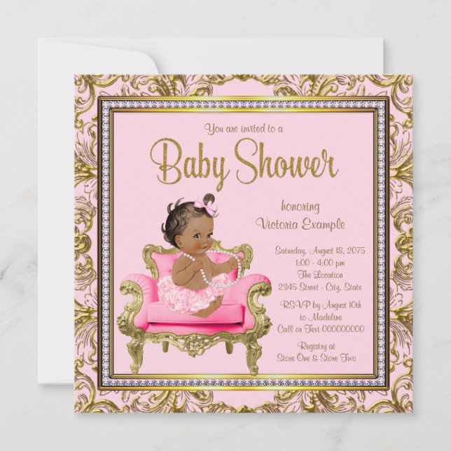 Etnisk flicka rosa guld stol tutu baby shower inbjudningar (Framsida)