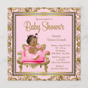 Etnisk flicka rosa guld stol tutu baby shower inbjudningar