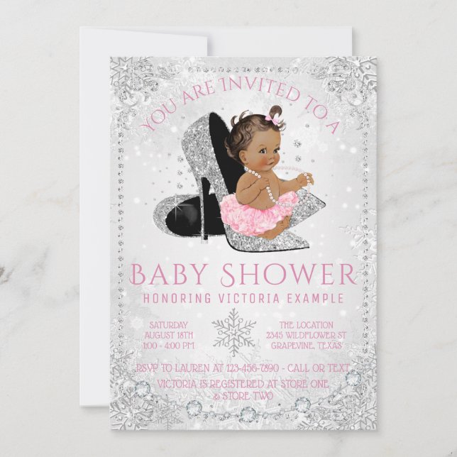 Etnisk flicka Vinterundret Snö Baby Shower Inbjudningar (Framsida)