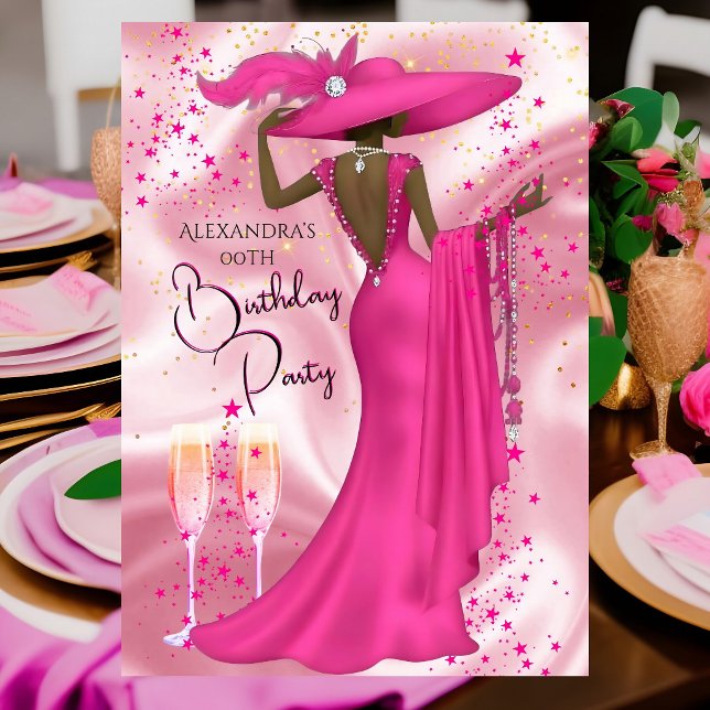Etnisk födelsedagsfest Hot Pink Champagne klänning Inbjudningar (Skapare uppladdad)