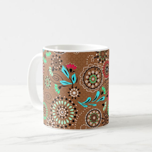 Etnisk folk abstrakt blomster mönster retro brun kaffemugg (Framsida vänster)