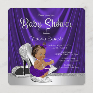 Etnisk lila ballerina silver sko baby shower inbjudningar
