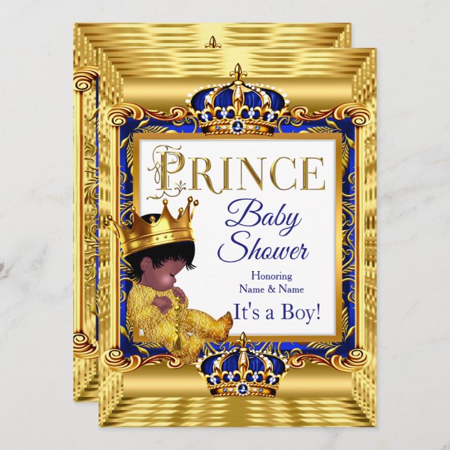 Etnisk Mörk Golden Prince Baby Shower Blue Guld Inbjudningar (Fram/baksida)