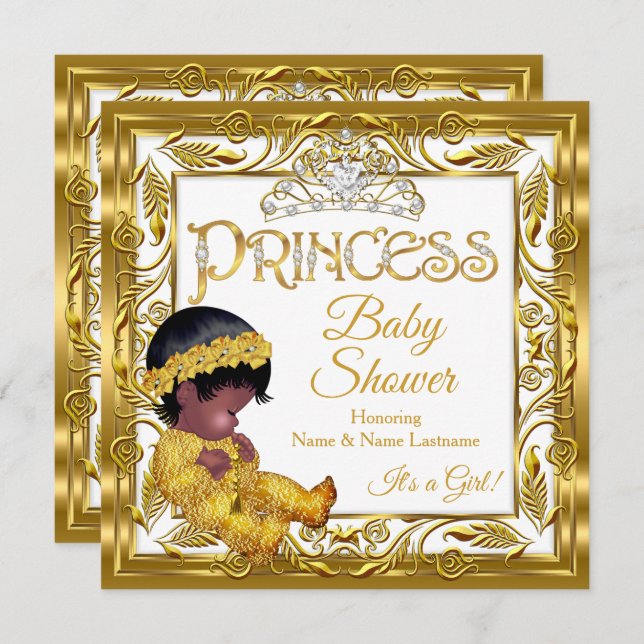 Etnisk Mörk Golden Princess Baby Shower Guld White Inbjudningar (Fram/baksida)