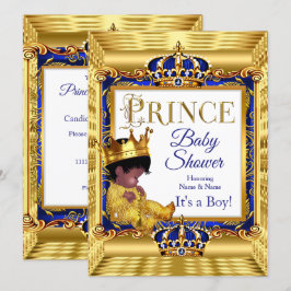 Etnisk mörk gyllene prins baby shower blå guld inbjudningar
