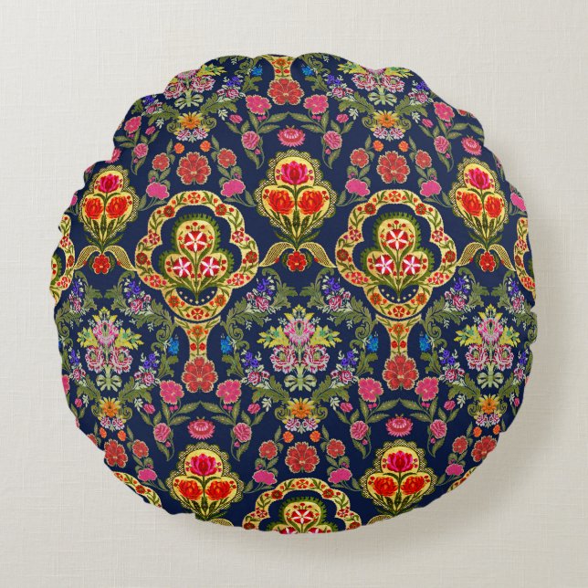 Etnisk mughal Blommigt: Blue Seamless Mönster Rund Kudde (Framsidan)