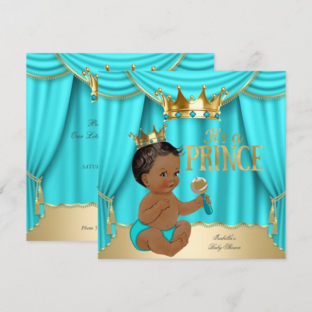 Etnisk pojke baby shower prins akva blå guld krona inbjudningar (Fram/baksida)