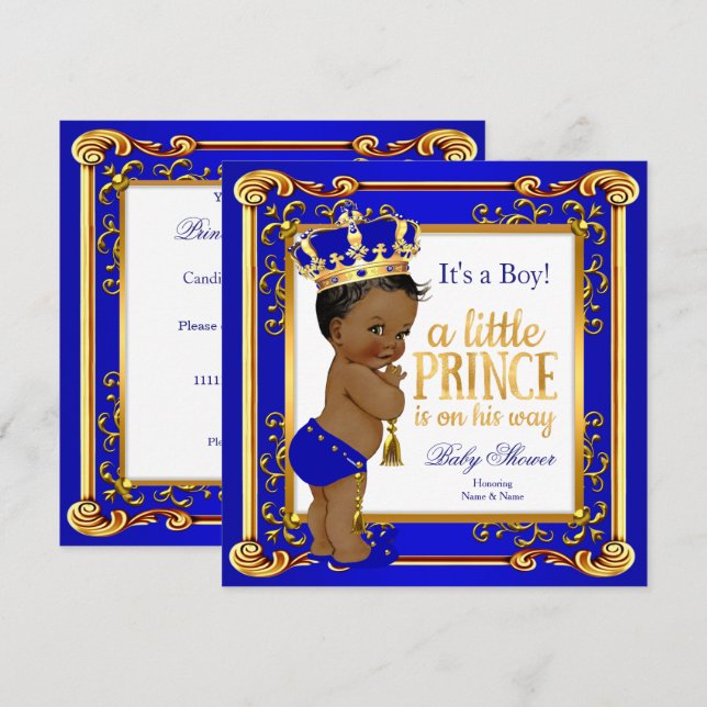 Etnisk Prins Baby Shower Blå Guld Krona Inbjudningar (Fram/baksida)