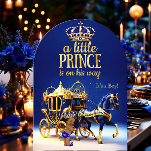 Etnisk prins baby shower blå guld vagn inbjudningar