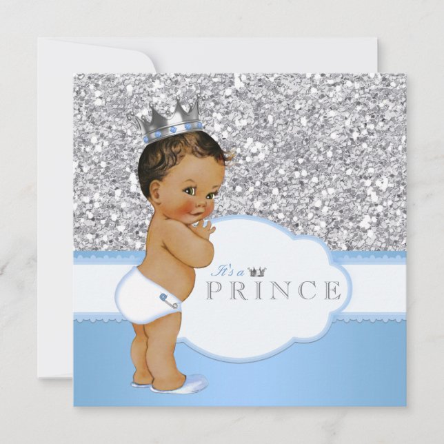 Etnisk prins baby shower blå och silver inbjudningar (Framsida)