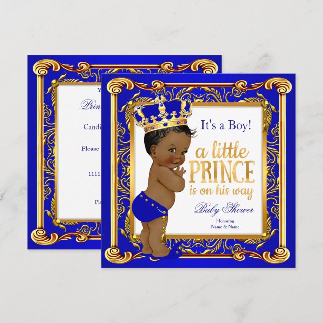 Etnisk Prins Baby Shower Damask Blå Guld Inbjudningar (Fram/baksida)
