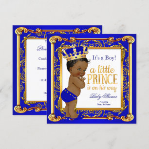 Etnisk Prins Baby Shower Damask Blå Guld Inbjudningar
