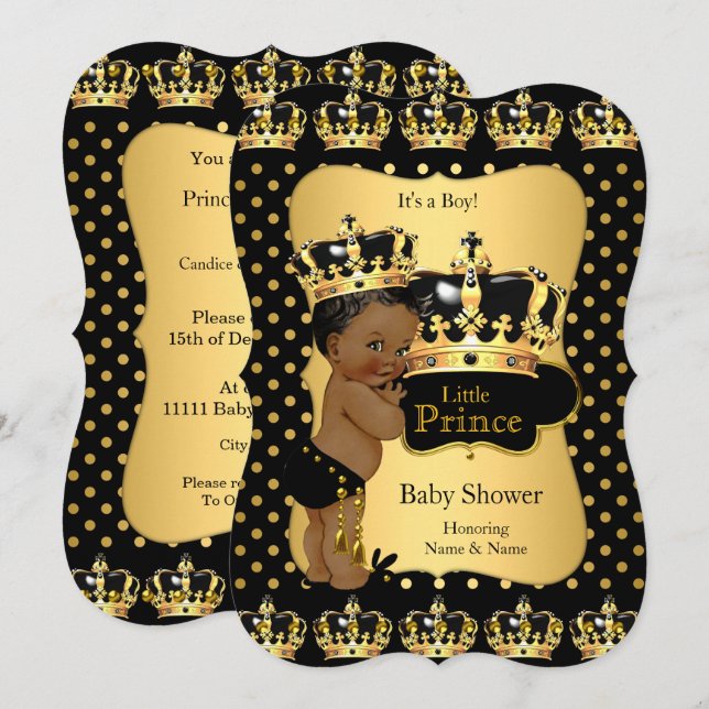 Etnisk prins baby shower svart guld prickig inbjudningar (Fram/baksida)