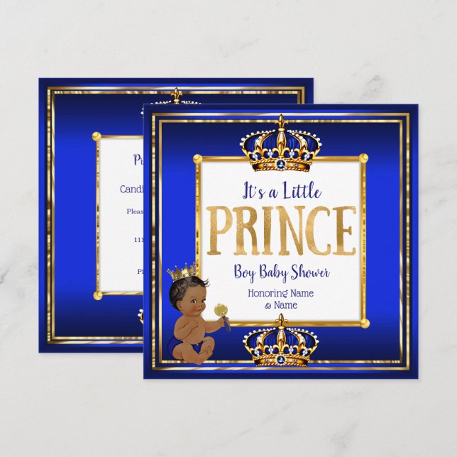 Etnisk Prins Pojke Bebis Badrum Royal Blå Guld Inbjudningar (Fram/baksida)