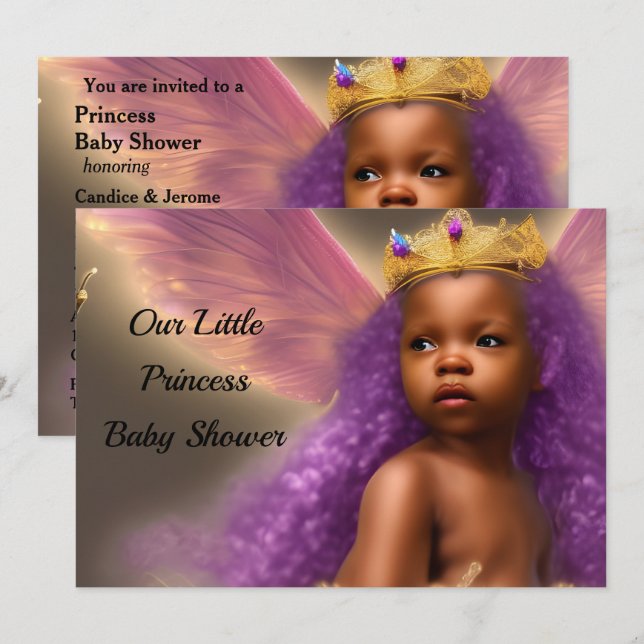 Etnisk prinsessa baby shower fjäril lila 2 inbjudningar (Fram/baksida)