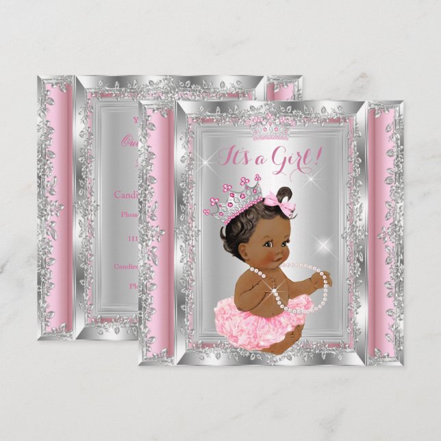 Etnisk prinsessa baby shower rosa silver tutu inbjudningar (Fram/baksida)