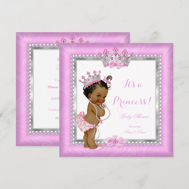 Etnisk prinsessa baby shower rosa silverpärlor inbjudningar (Fram/baksida)